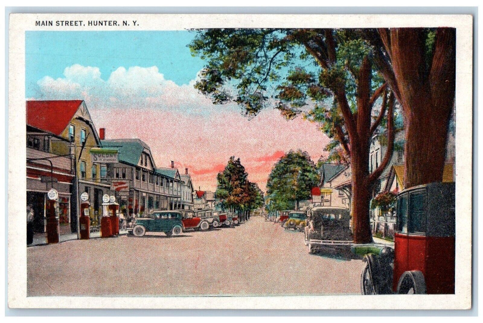 c1920's Main Street View Cars Sucony Store Hunter New York NY Vintage Postcard