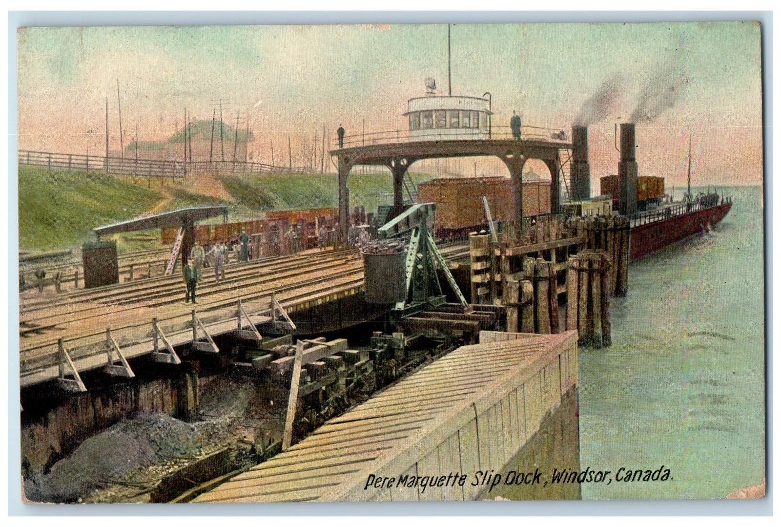 1910 Pere Marquette Slip Dock Scene Windsor Canada CA Posted Steamship Postcard