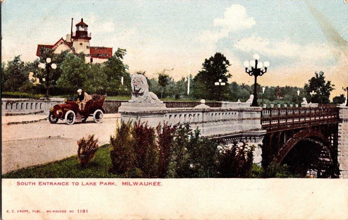 postcard Glitter Card South Entrance To Lake Park Milwaukee Wisconsin A16