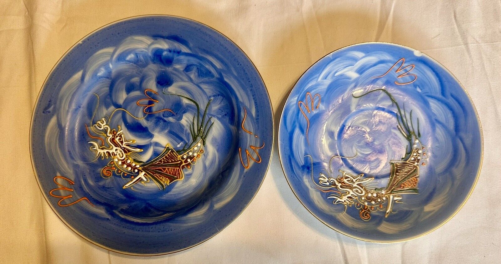 Vintage Soko China Hand Painted Dragon 3 Pc Cup Saucer Plate Japan Rare Blue