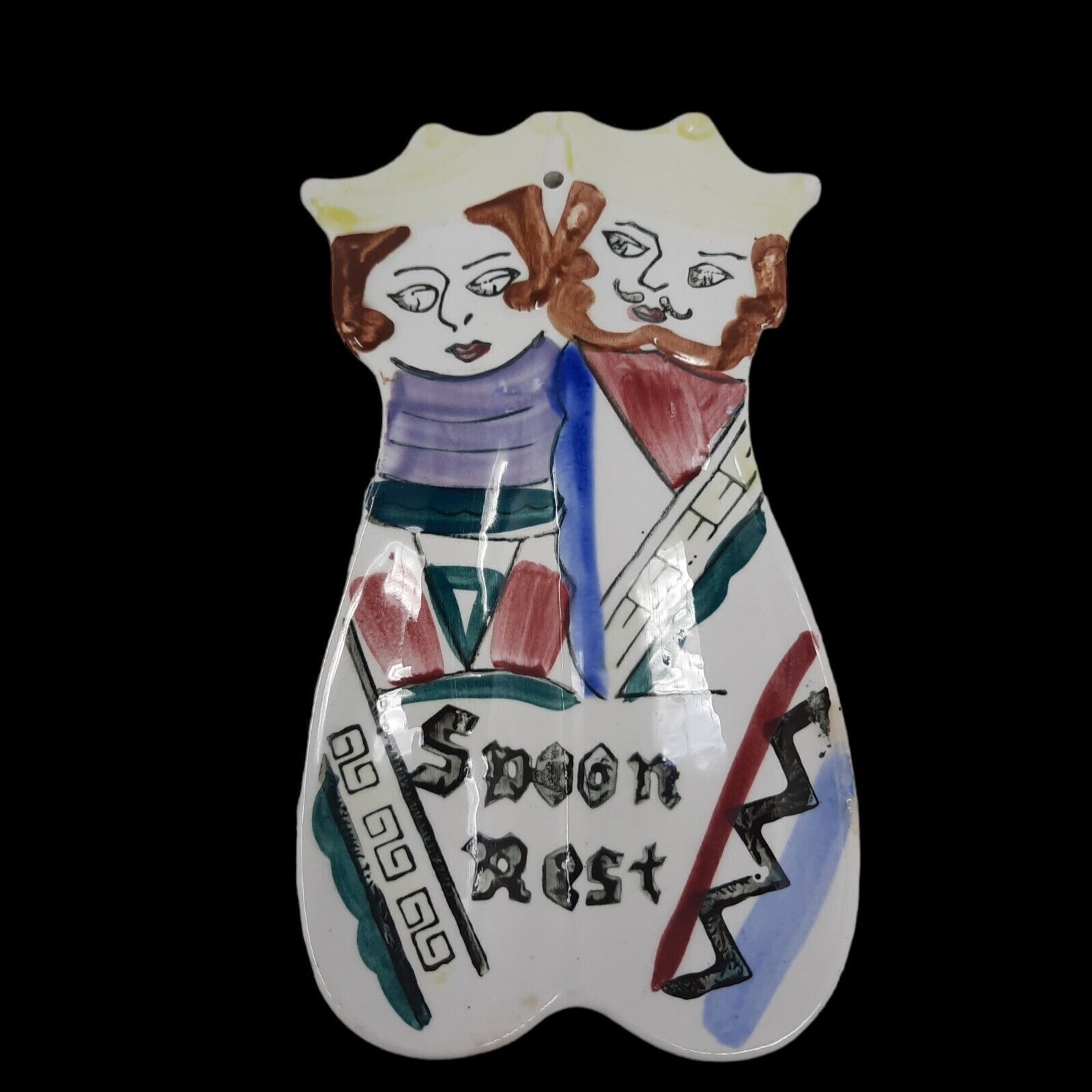 Vintage King Queen Man Woman Double Spoon Rest Hand Painted Kitchen Cards Chess