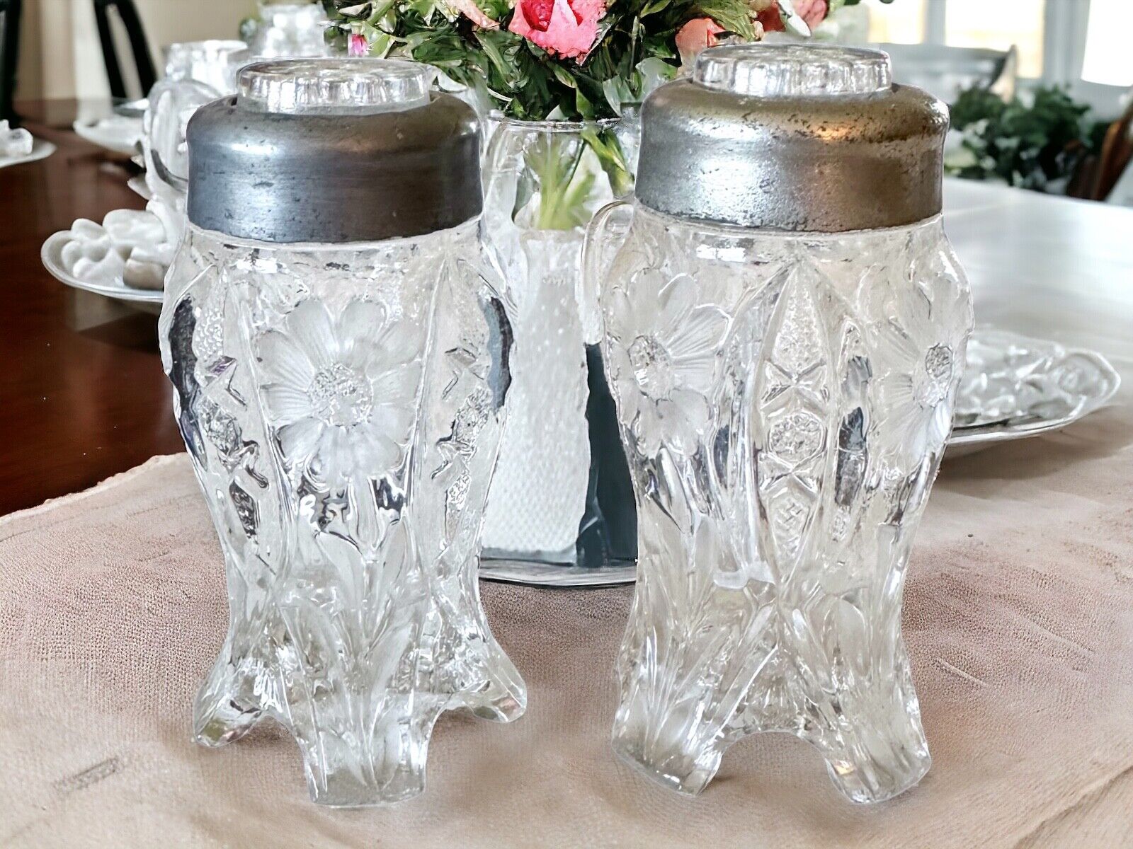 Vintage Heavy Cut Glass Salt and Pepper Shakers circa 1970s