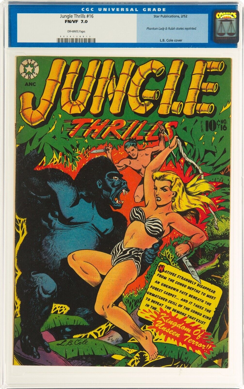 Jungle Thrills 16 CGC 7.0 LB Cole HEADLIGHTS 1952 Star 1-Shot GGA Gorilla POP VF