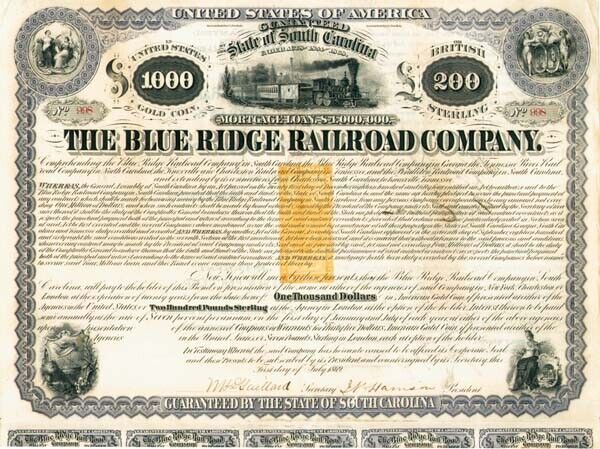 Blue Ridge Railroad $1,000 Bond signed by Henry Clews - with Imprinted Revenue -