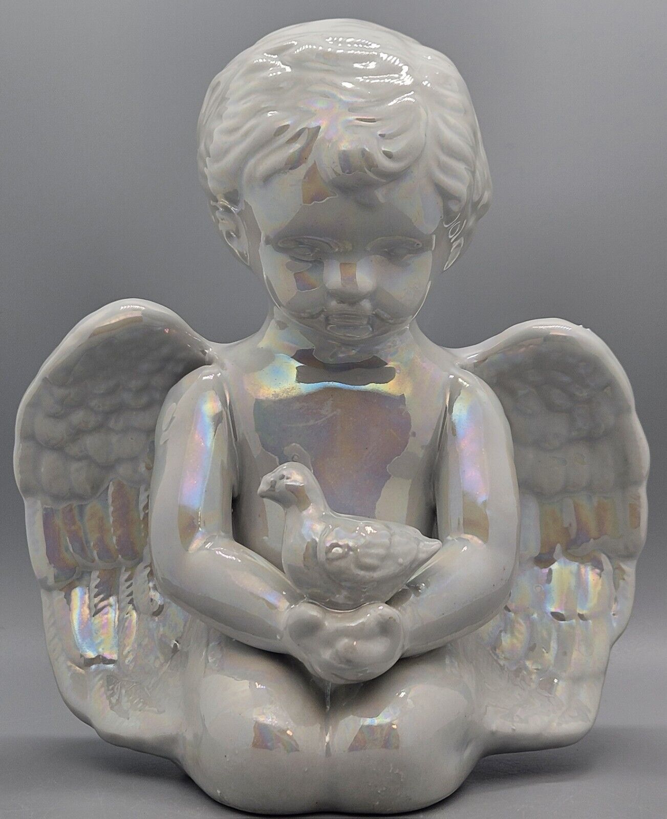 Kneeling Winged Baby Cherub Holding A Dove W Pearlized Glazed. 8\
