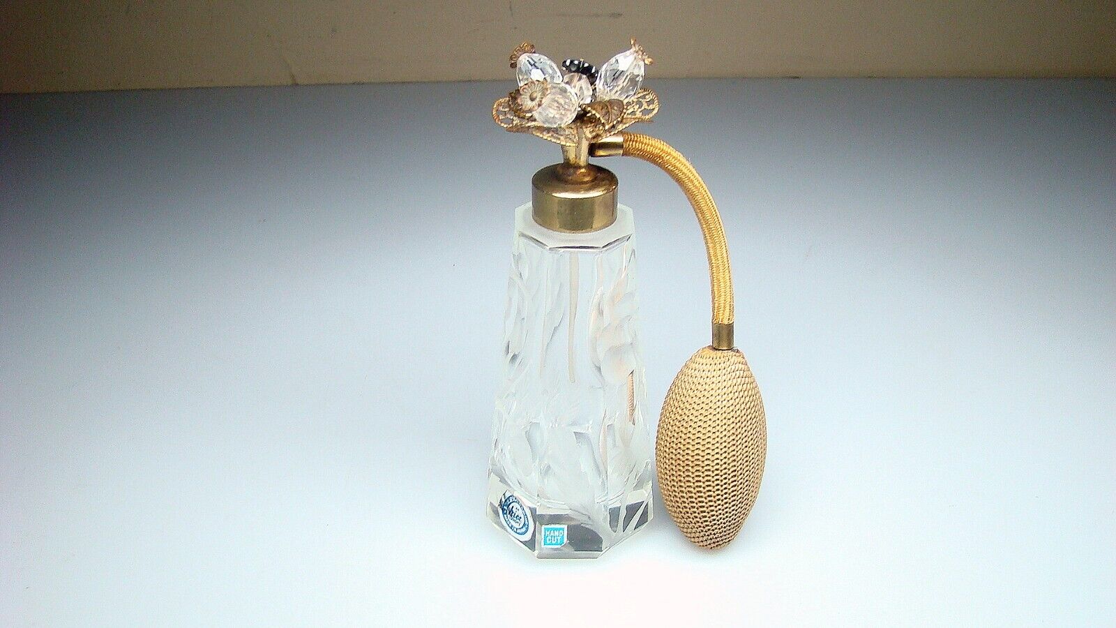 Ornate I.W. Rice Irice Vintage Perfume Bottle with Jeweled Filigree Top & Label