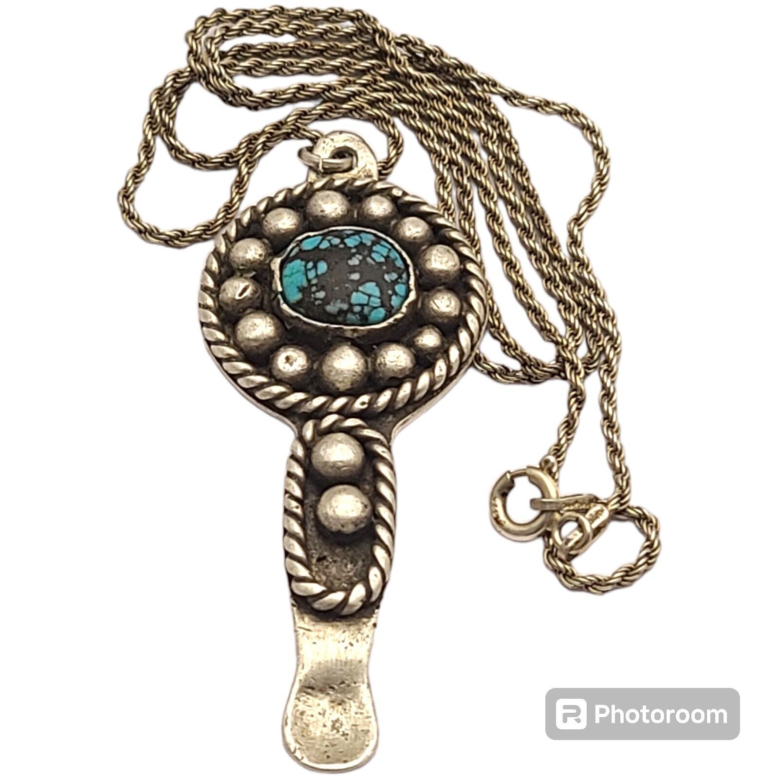 Important Navajo Blue Gem Turquoise Sterling Silver Spoon Pendant Necklace,