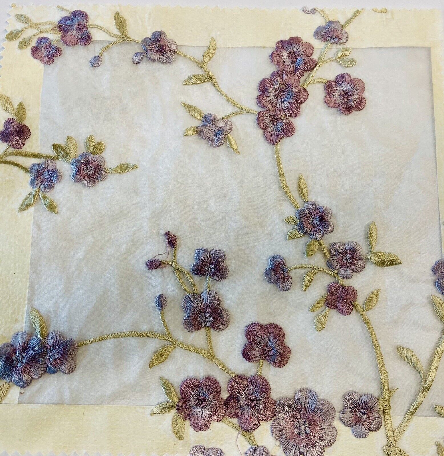 Vintage Designer Embroidered Silk Lilac purple Cherry Blossom Organza Fabric