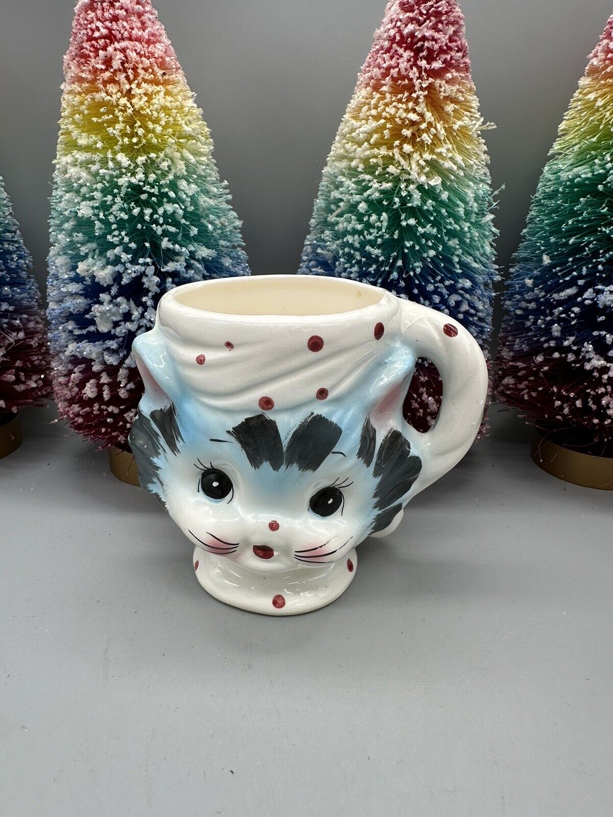 Vintage ceramic kitsch big eye Blue kitty cat Miss Priss Like Parma Japan Mug