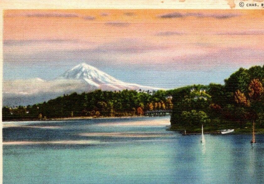 Postcard Lake Washington boulevard & Mnt Rainier Seattle Wash. unposted linen