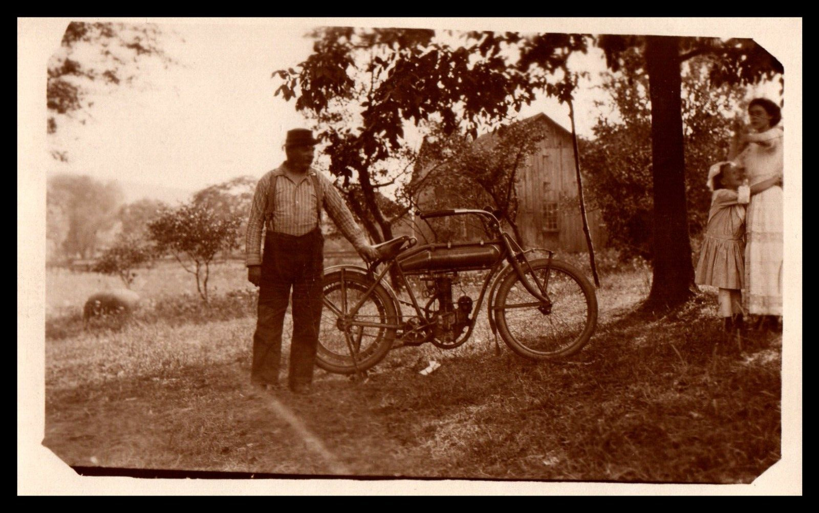 RPPC Motorized Bicycle Man Barn Women Girl in Dresses
