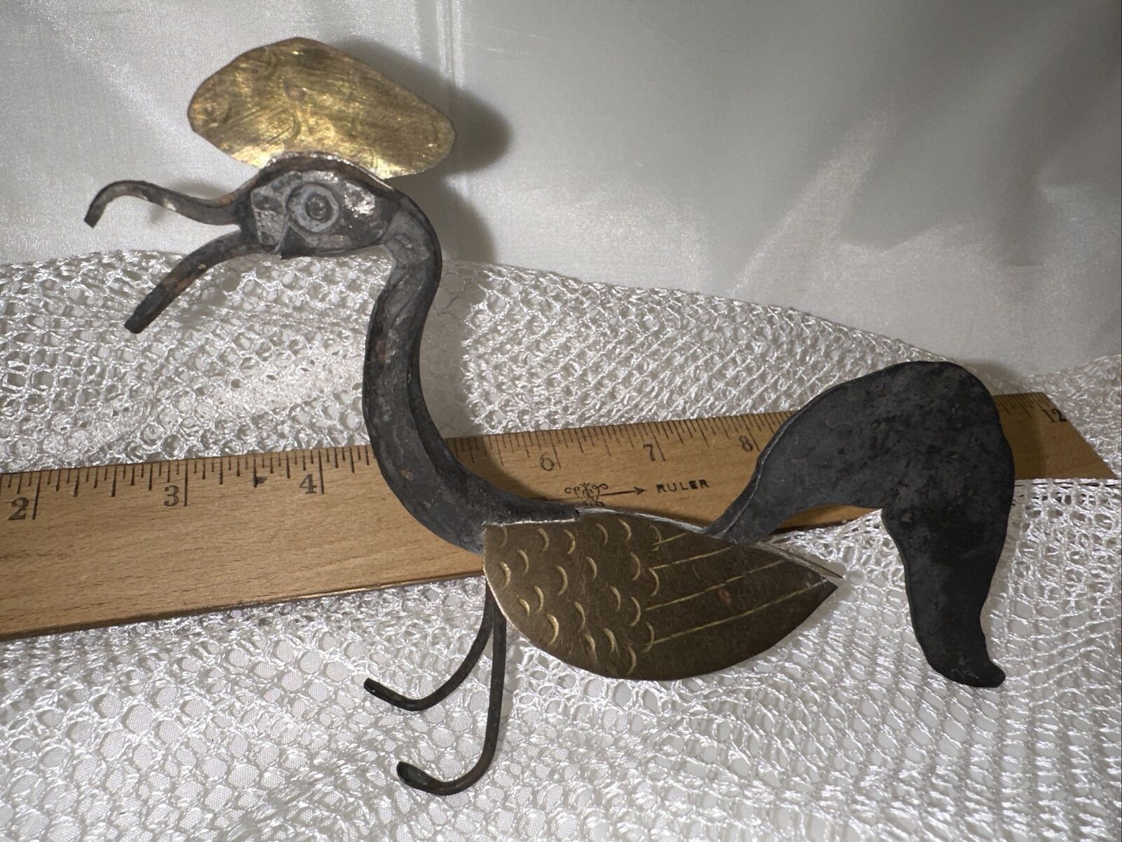 Vintage Folk Art Iron Brass Metal Heron Egret Bird Figurine Estate Sale Find