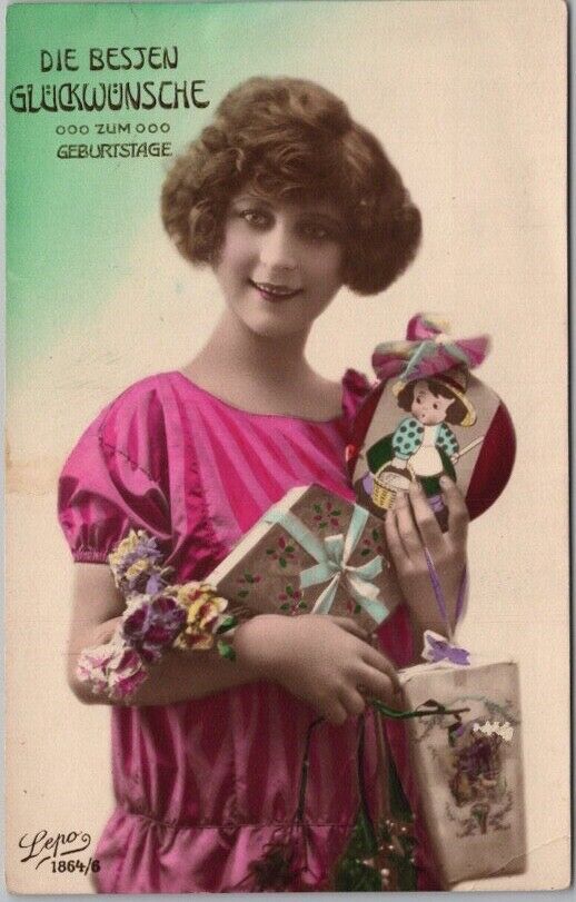 Vintage 1910s German HAPPY BIRTHDAY Postcard Pretty Lady / Gifts - Tinted Photo
