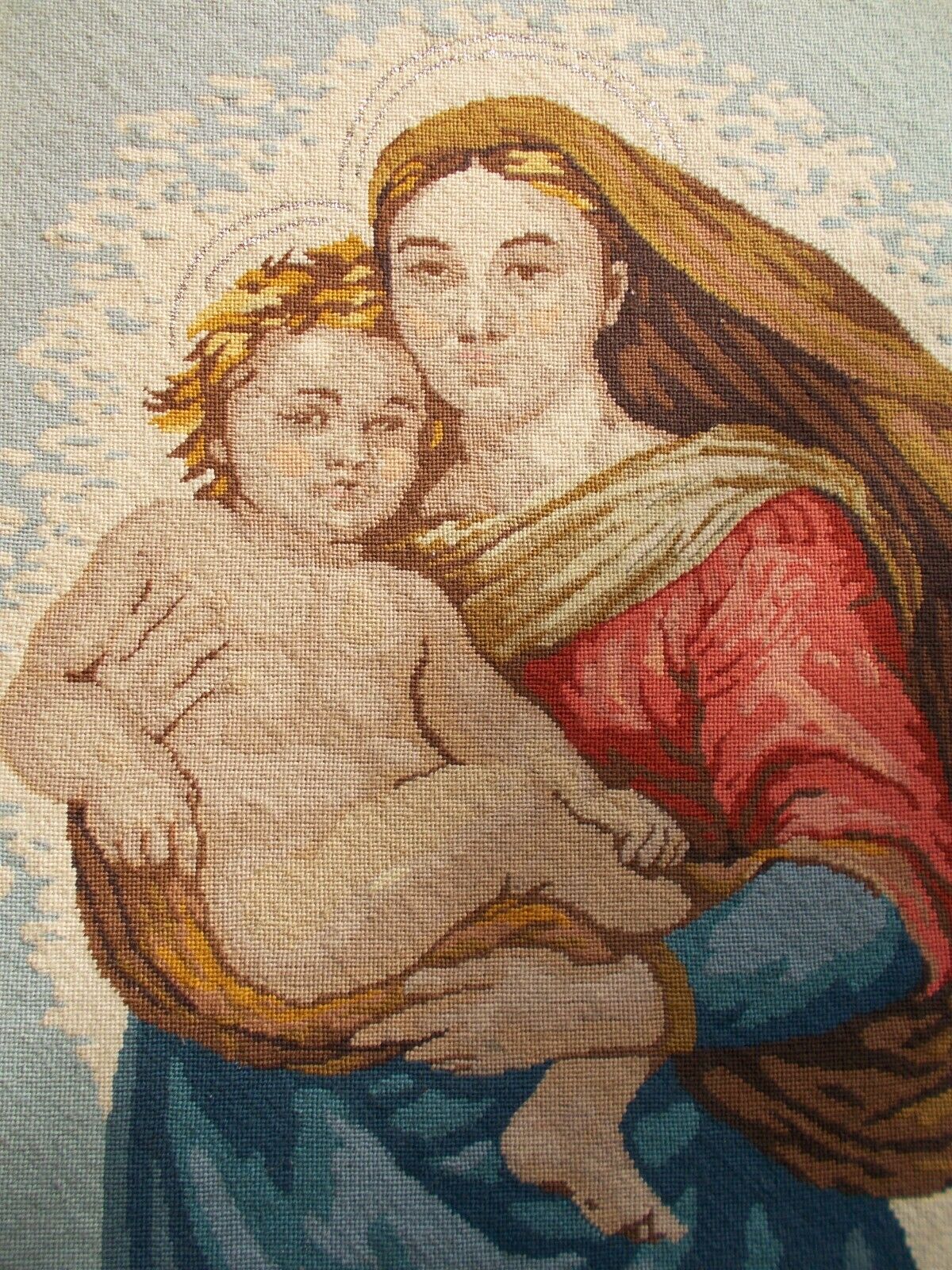 Antique Beautiful Framed Needlepoint Virgin Mary And Baby Jesus Tapestry