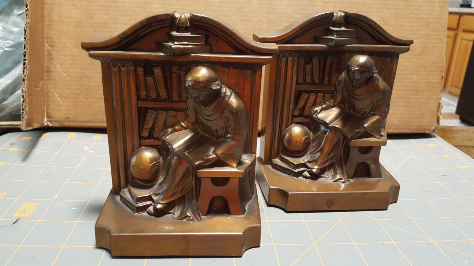 Antique 1922 Ronson Brass Metal Bookends - Studious Friar at His Books