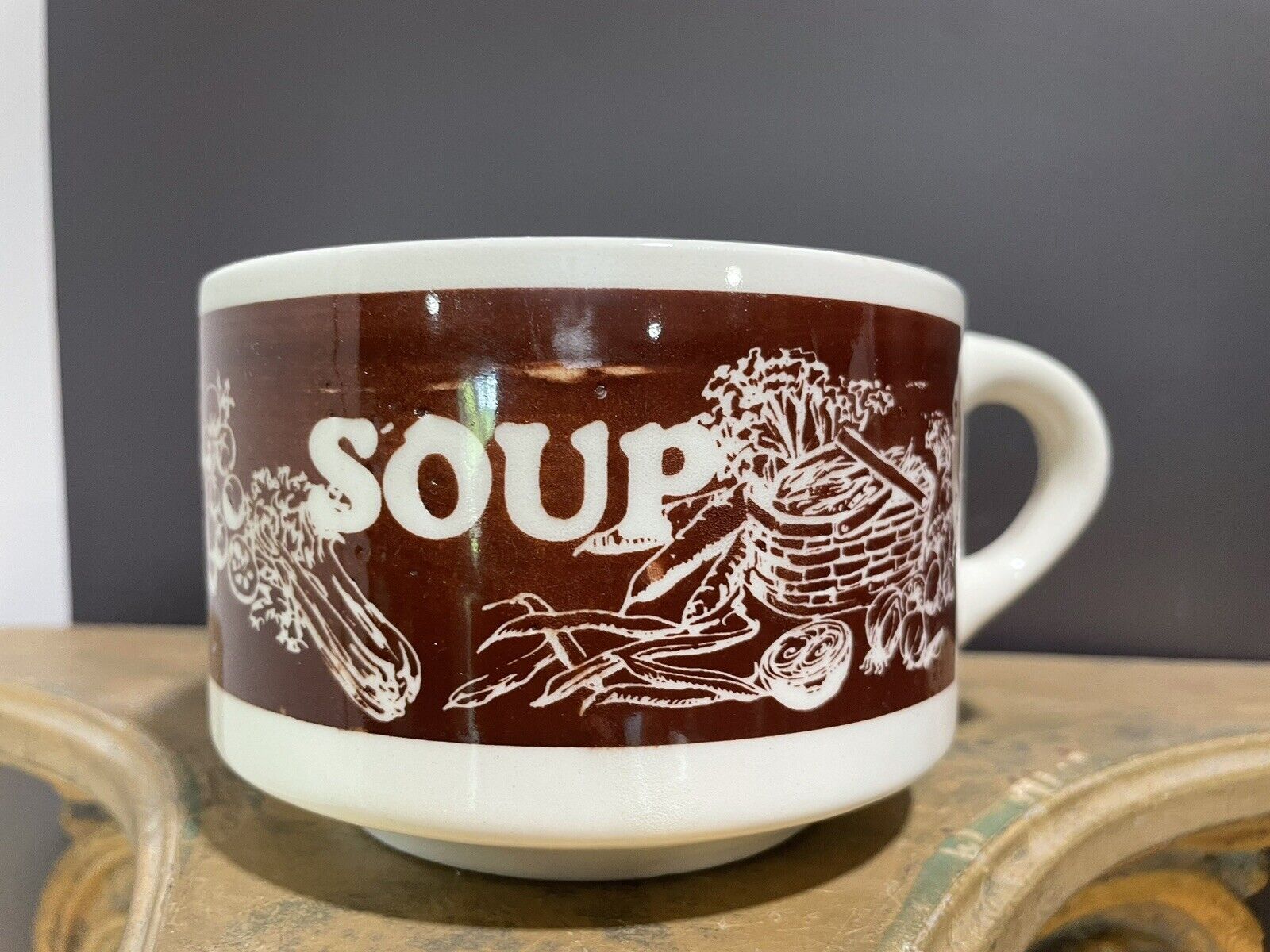 USA Pottery Stoneware MCM Handled Soup Mug Bowl Vegetables Brown on Cream