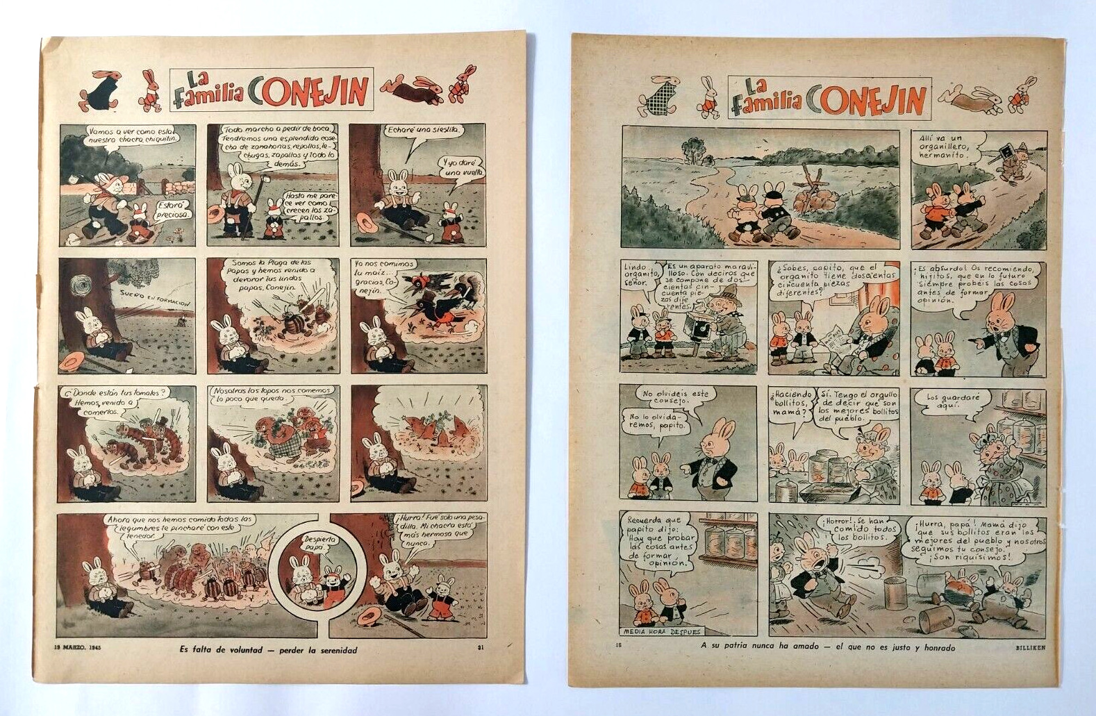 Vintage 1940\'s Lot 2 Peter Rabbit Argentina Comic Strip Full Pages in Spanish