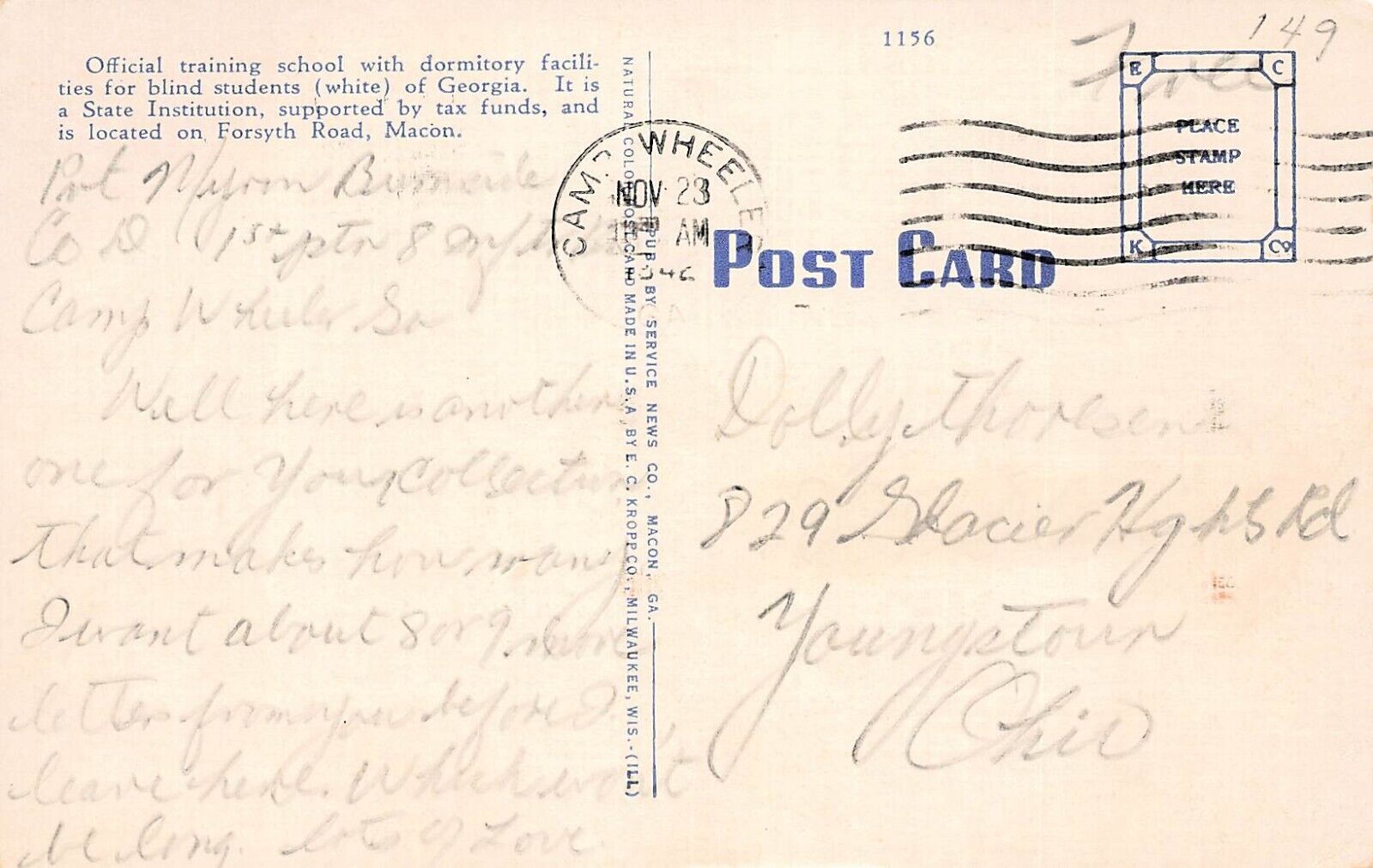 Camp Wheeler Macon GA Georgia Army Military Base Soldier Mail Vtg Postcard D9