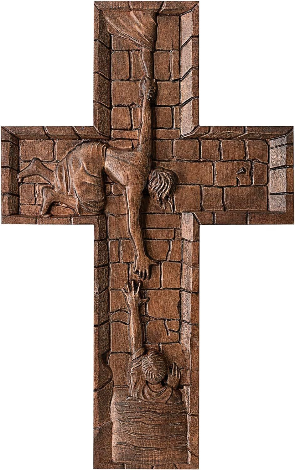 Crucifix Wall Cross Handmade Wooden with Hook, 14 Inch, Savior Jesus 