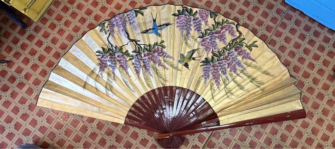 Sensu Fan Kimono Antique Large  Decorative Huge Flower Bird Lucky Charm Vintage