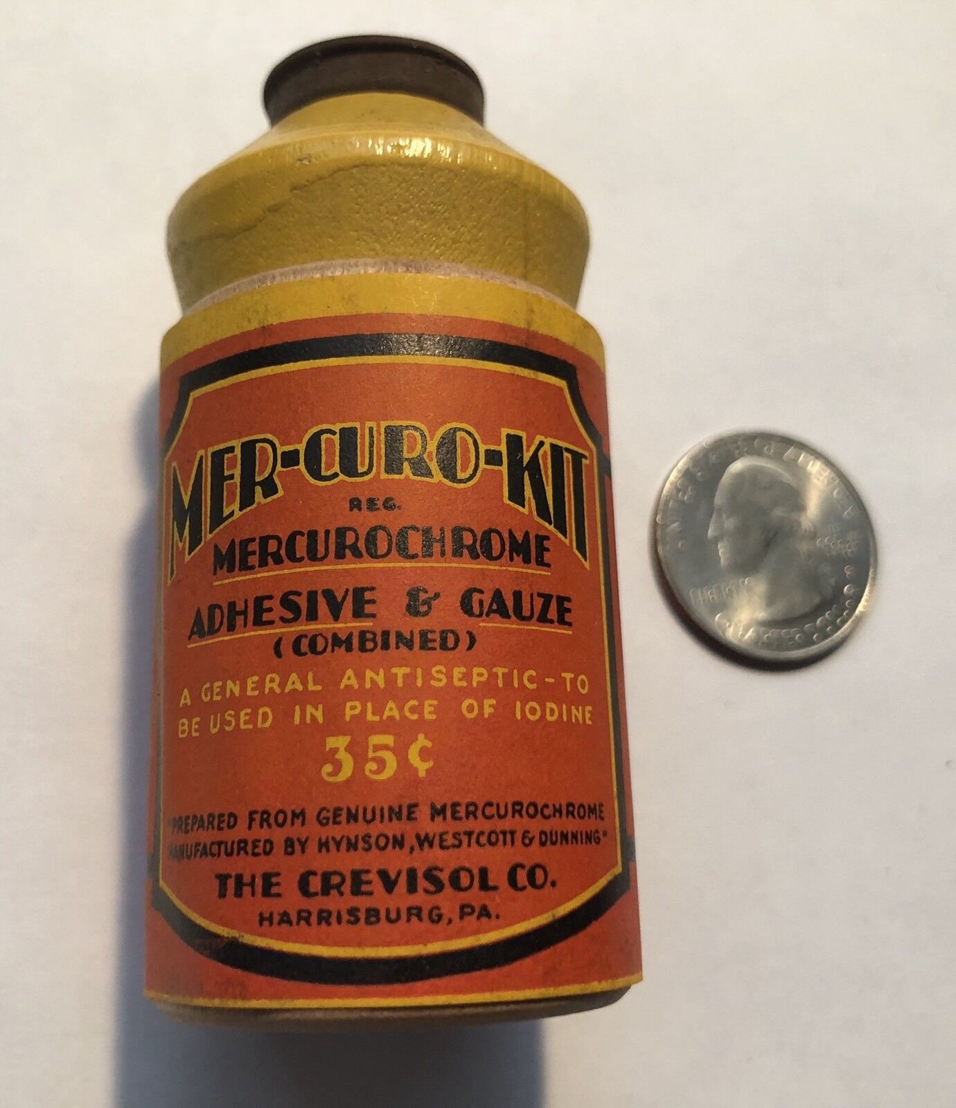 unusual antique Medicine Kit “ MER-Curo-KIT” Gauze On Wooden Roller/ Med.up Top