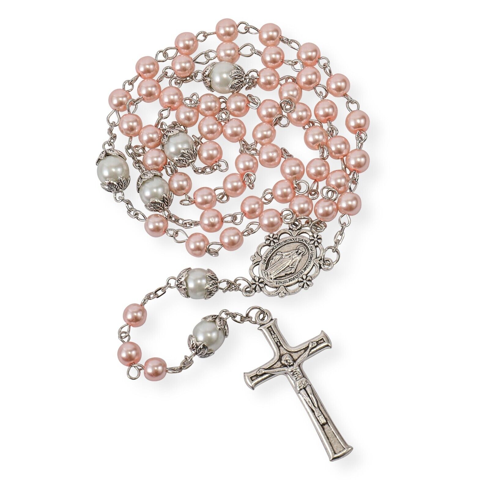 Pink Glass Pearl Beads Rosary White Our Father Beaded Necklace Lourdes Medal