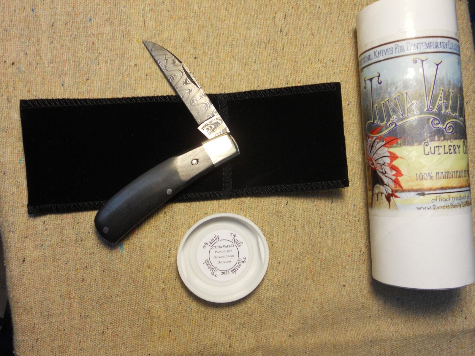 Tuna Valley Cutlery USA Phoenix Jack Knife perfect Gabon Ebony Raindrop Damascus
