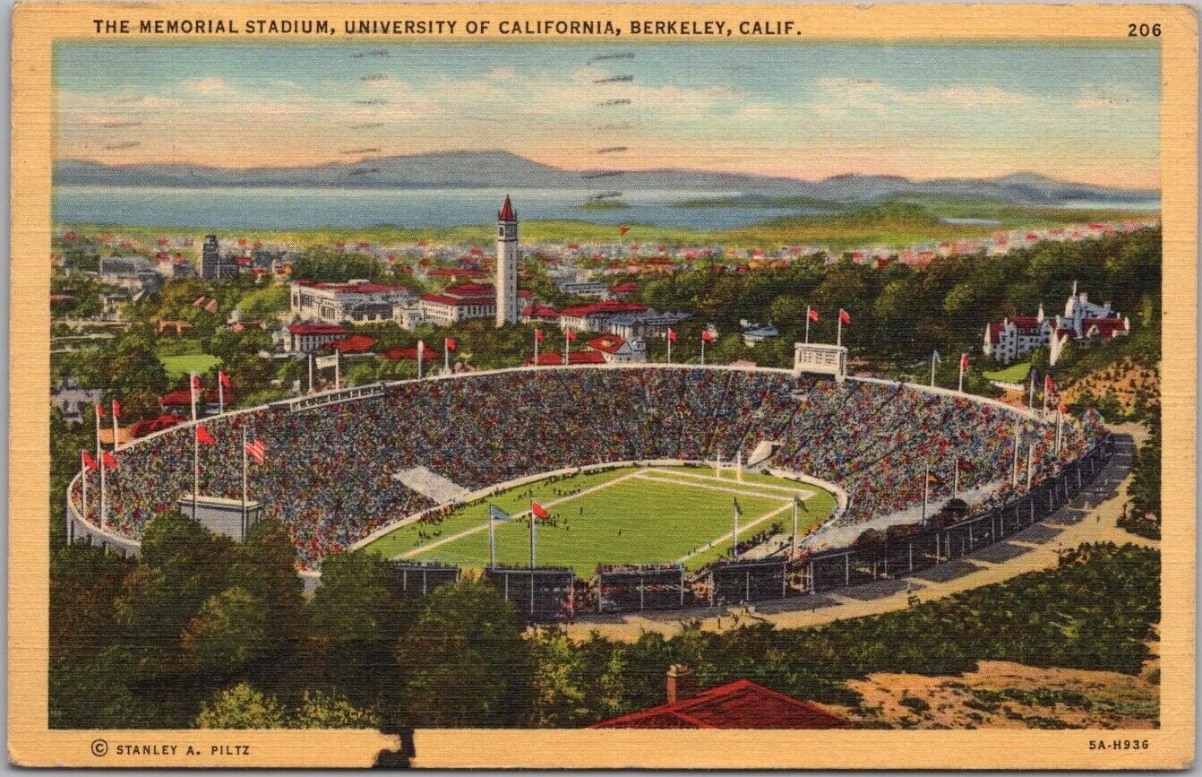 University of California Berkeley Postcard FOOTBALL STADIUM Air View Linen 1947