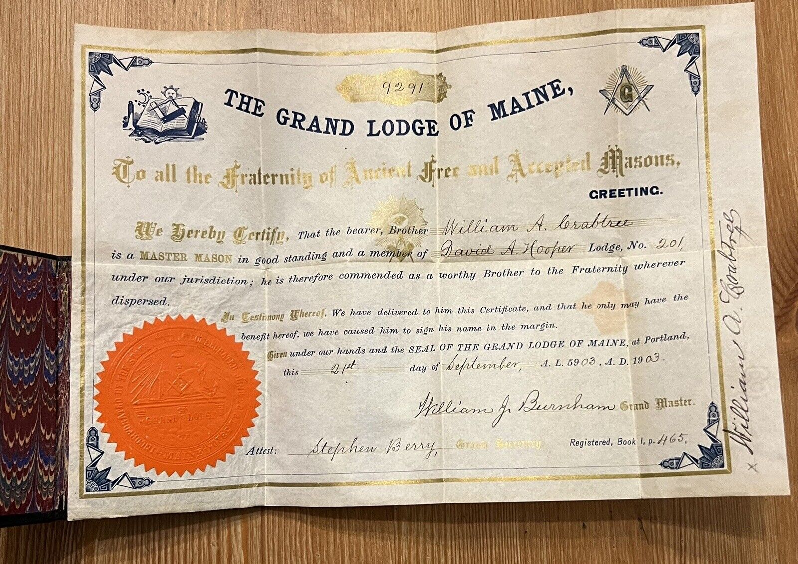 ATQ 1903 GRAND LODGE MAINE Master Mason Certificate Portland ME Marbled Folder