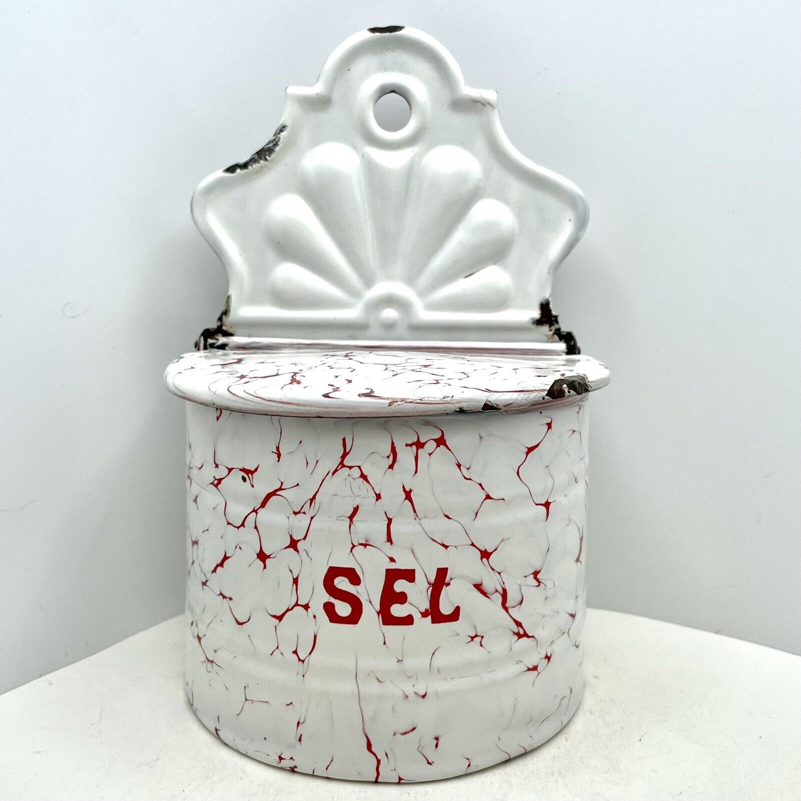 French Enamel SEL Salt Box Hinged Lid canister Red White Vintage Rare
