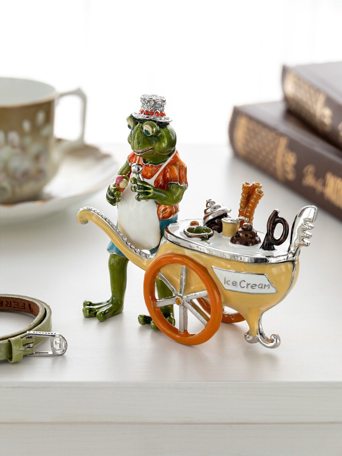 Keren Kopal Frog Ice Cream Seller Trinket  Box Decorated with Austrian Crystals