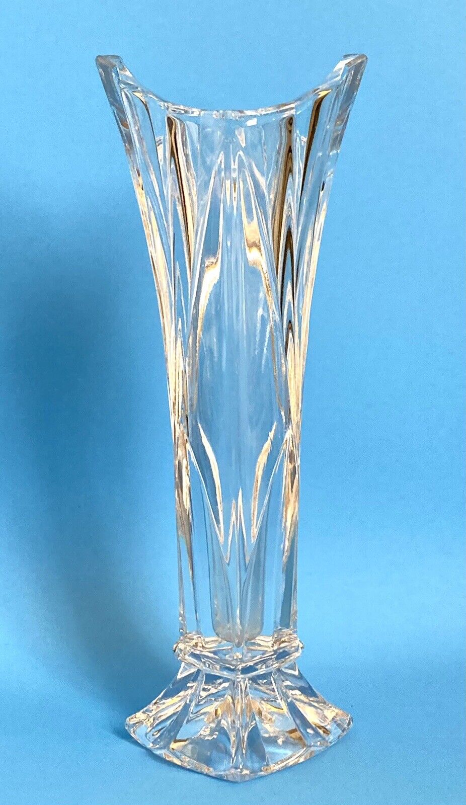 Vintage Cut Clear Crystal Vase Art Deco Style Flared Top Pedestal Base 9\