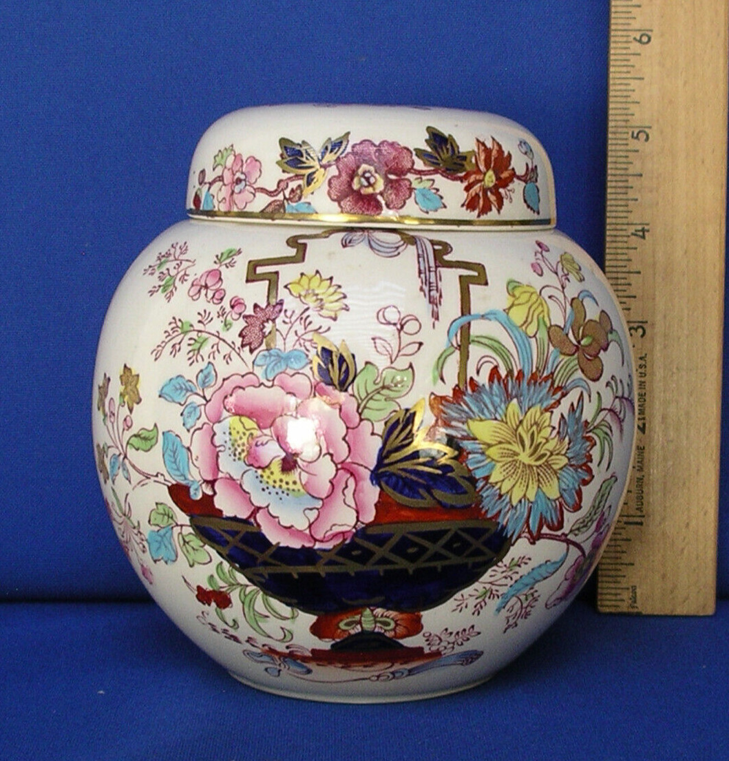 VTG Mason\'s Ironstone Porcelain Brocade Floral Ginger Jar Urn and Lid rare 5.5\