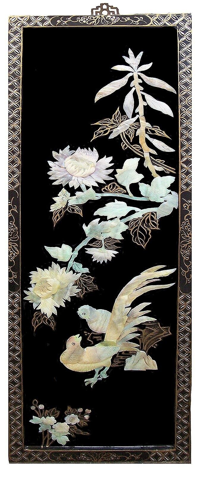 Antique Chinese Mother-of-Pearl Lacquered Wall Panel Pheasants, Flowers, 36”x12”