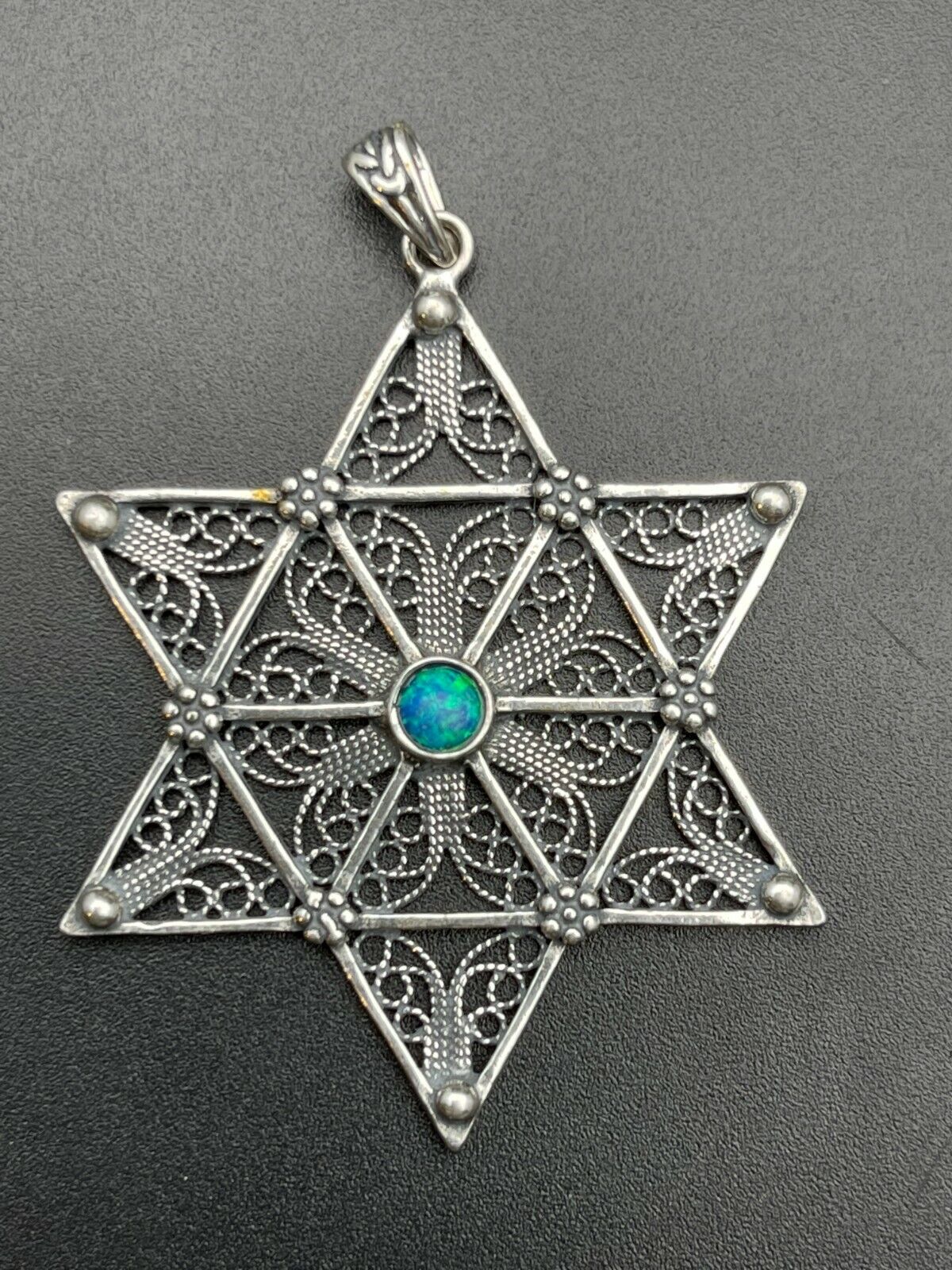 Magen Star of David Large Pendant Silver 925 Filigree & Opal Necklace Charm