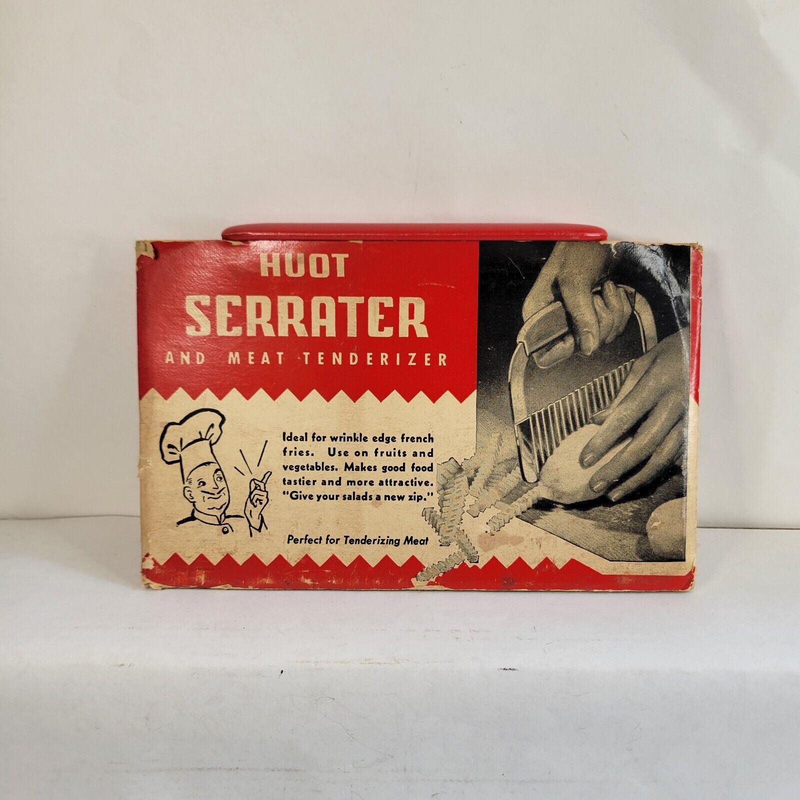 Vintage Huot Serrater & Meat Tenderizer Original Package Red Plastic Handle