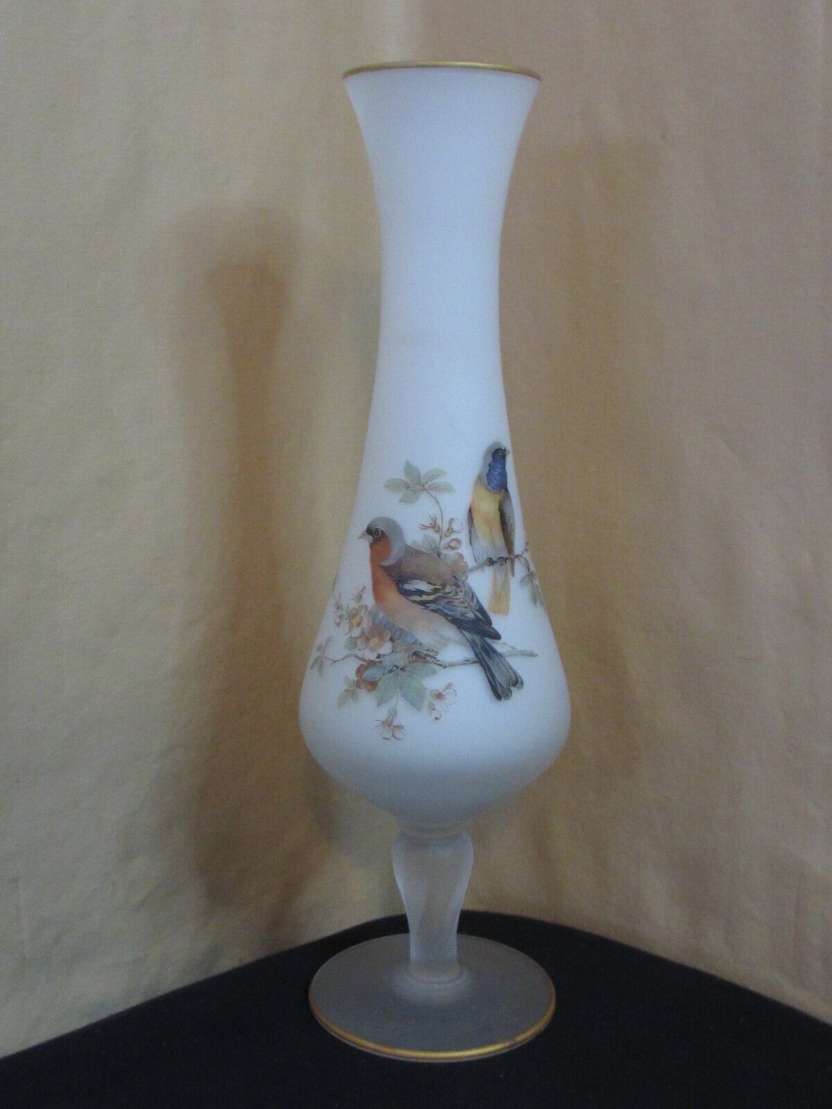 Vintage Frosted Glass Pedestal Bud Vase Hand Painted Birds 10\