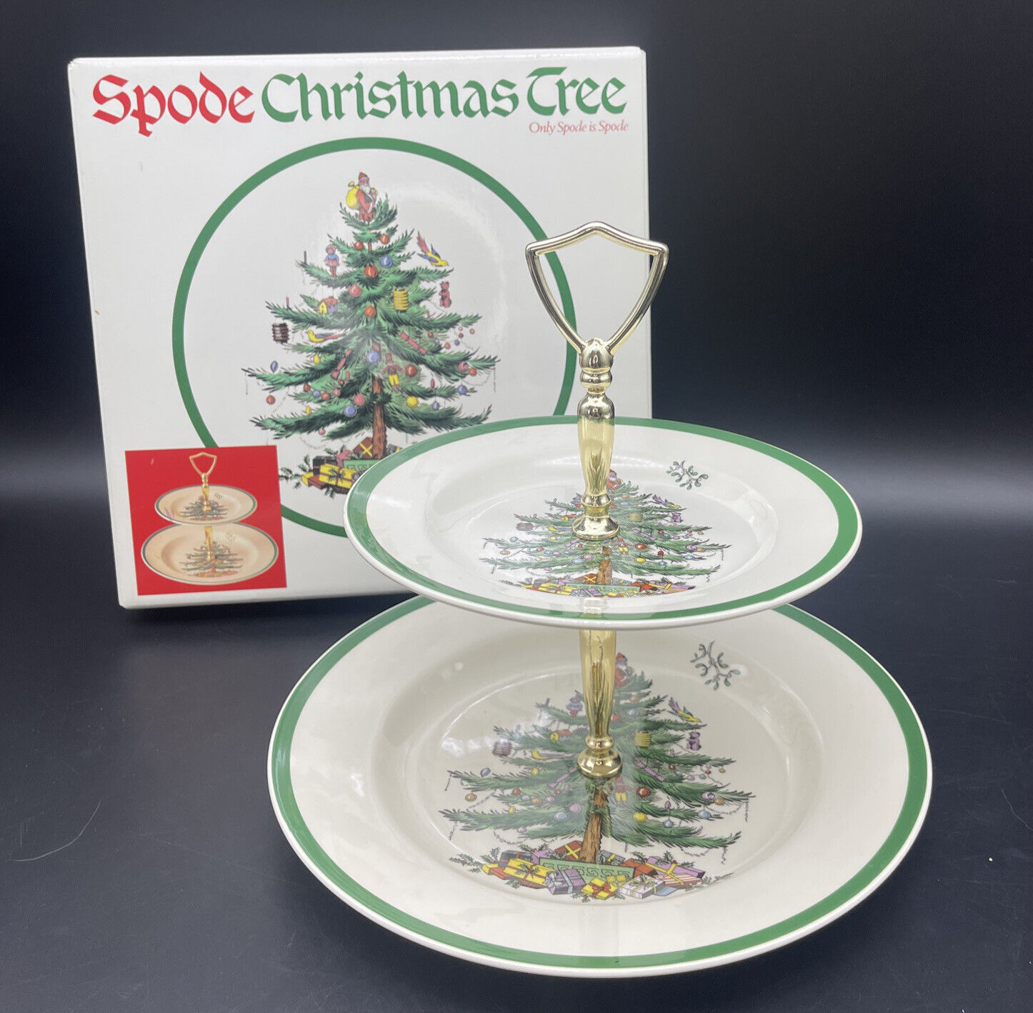 VTG SPODE Christmas Tree Double Tier Appetizer Serving Tray Made in England NIB