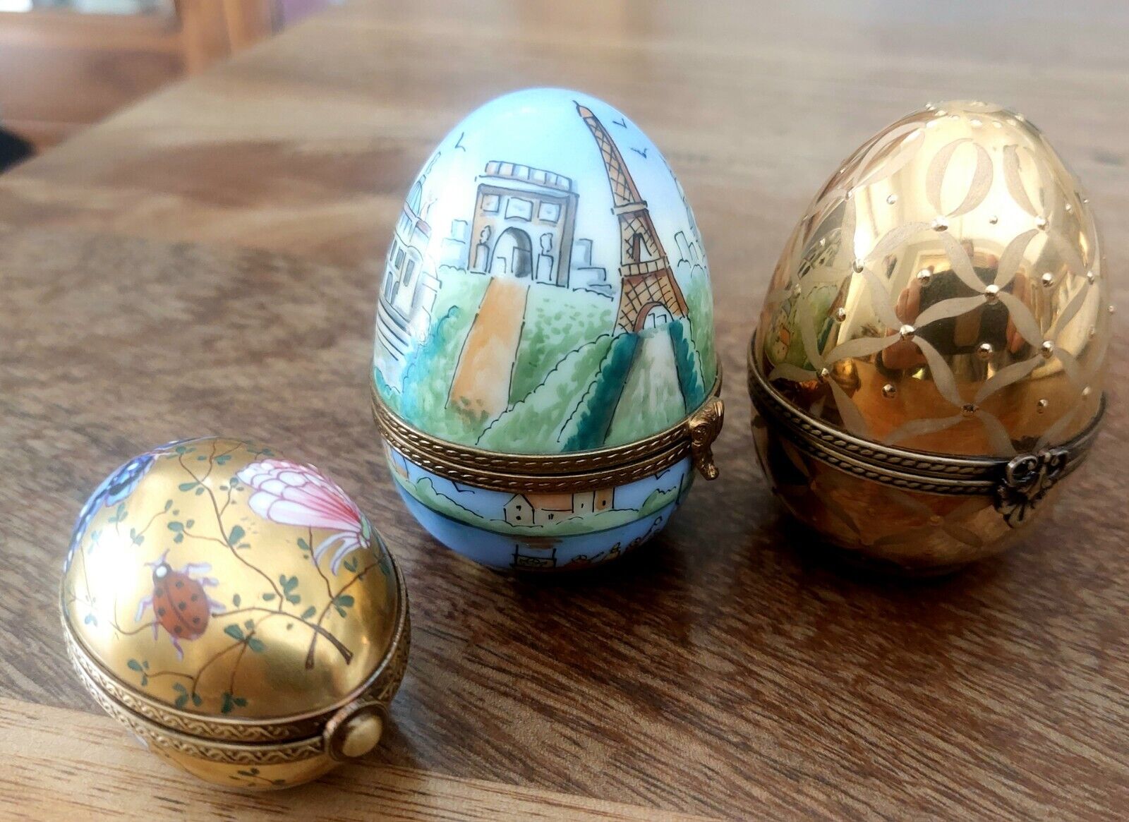 Three Peint Main Limoges Porcelain Eggs