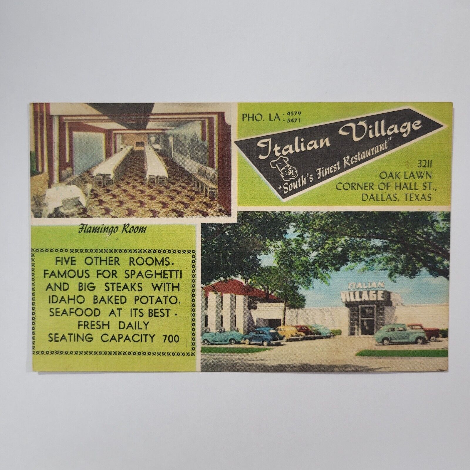Texas Dallas Italian Village Restaurant Flamingo Room Hall Street Cars Postcard