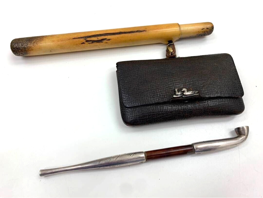 Japanese Antique Pure Silver Smoking pipe Kiseru W/ Pipe Case & Tabacco Pouch FS
