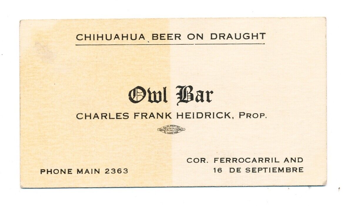 VINTAGE BUSINESS CARD - OWL BAR - RISQUE STORY - THE ORIGIN OF THE NEW FORD