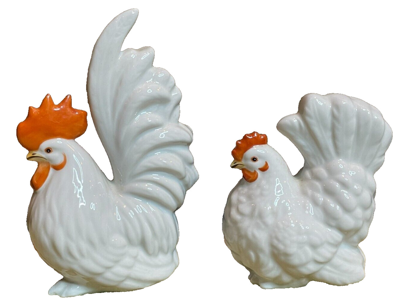 Karl Klette Dresden Germany White & Red Rooster Chicken Porcelain Figurines Mini