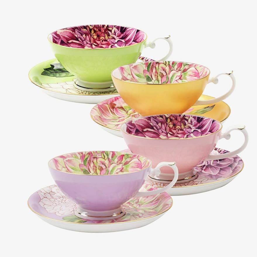 Fine Bone China Teacup and Saucer Set, English Teasets, Floral Design