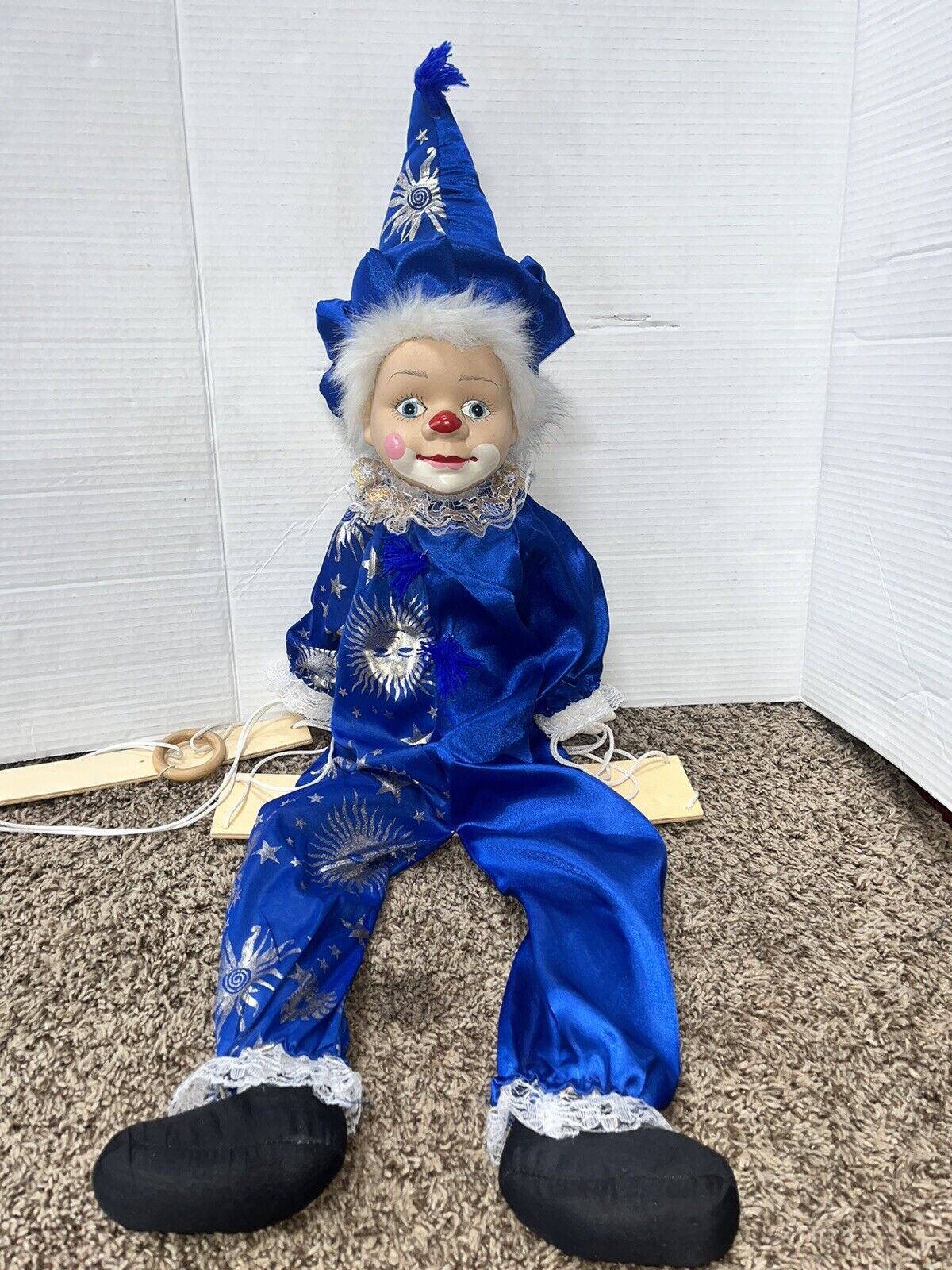 Vintage 34” Clown Marionette Hand-painted Porcelain Face Royal Blue Silver Moon