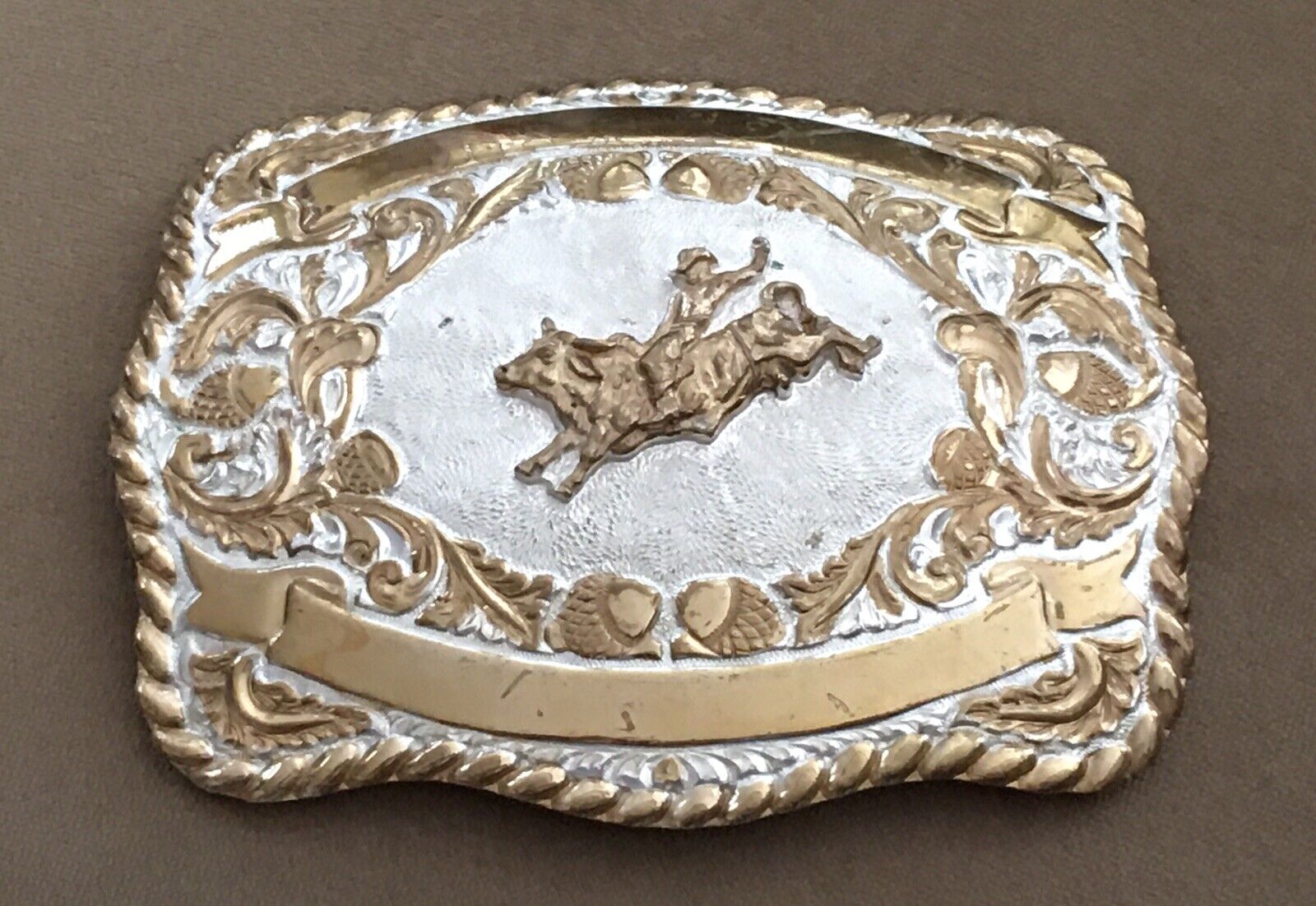HUGE Vintage Crumrine Silver Bronze Double Banner Bull Riding Trophy Belt Buckle