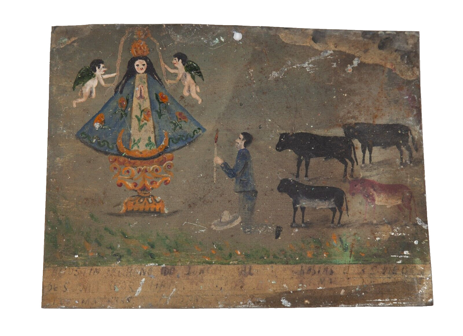 1940s Mexican Ex Voto Painting on Tin, Rancher and Four Bulls, Retablo Folk Art