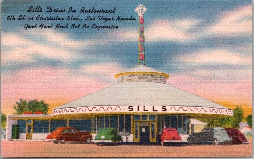 Vintage 1950s LAS VEGAS Nevada Postcard SILL'S DRIVE-IN RESTAURANT Linen UNUSED