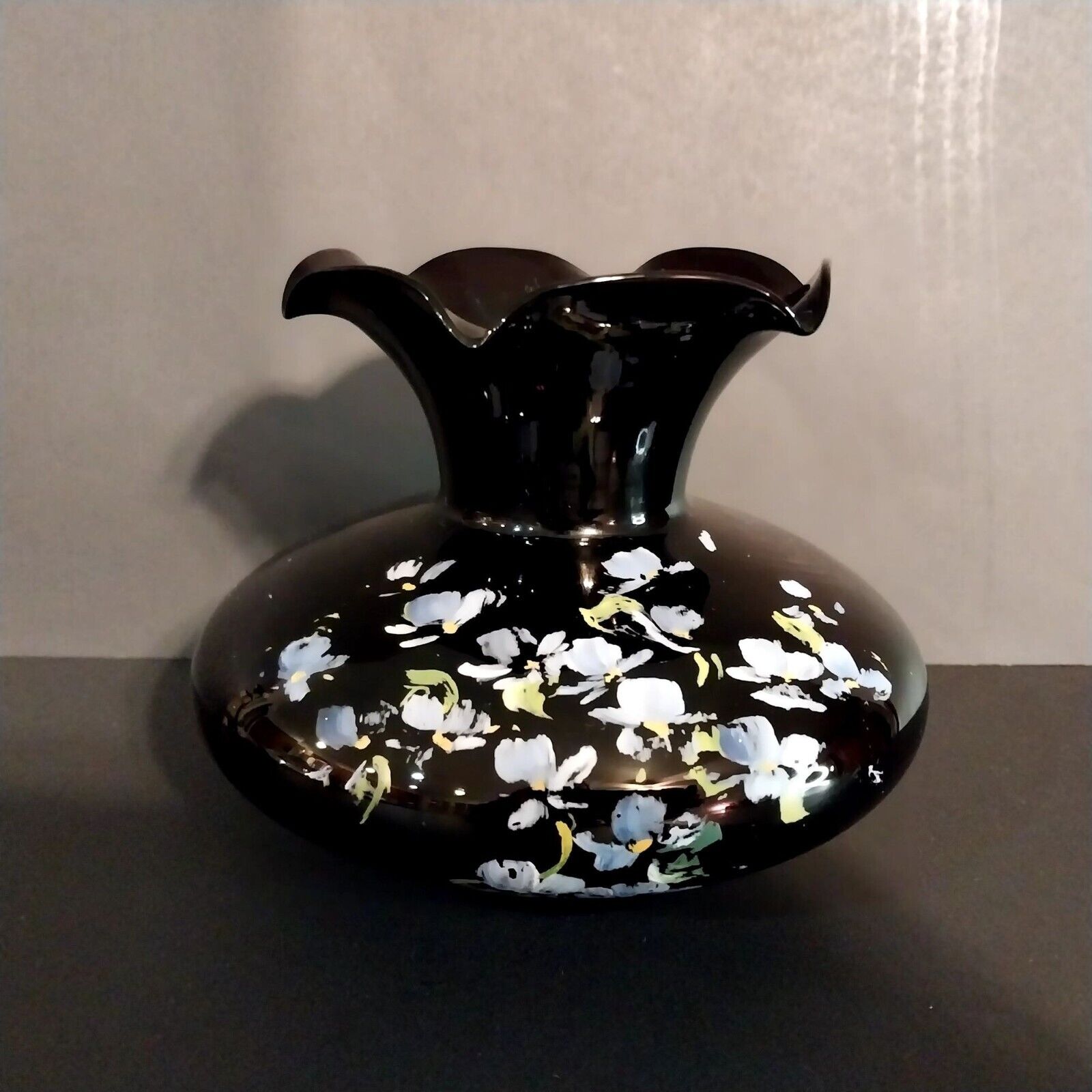 Black Amethyst Glass Vase Hand Painted Violets Pansies