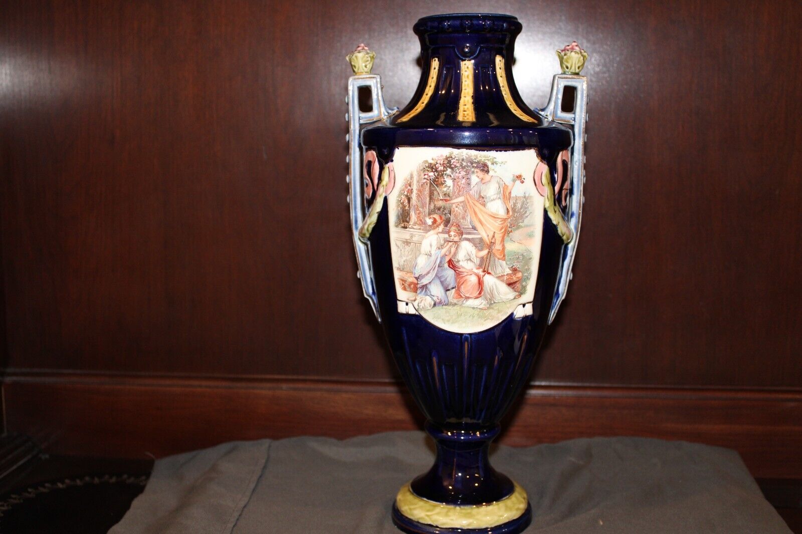 Antique Victorian Cobalt Blue Porcelain Dbl Handled  Vase 12 3/4 inches Tall